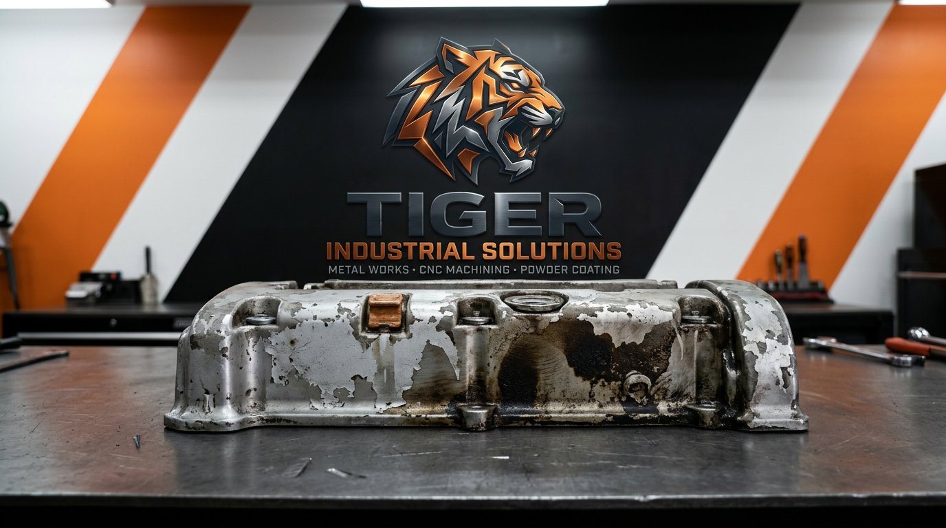 Engine Valve Cover — Orange Powder Coat — Before