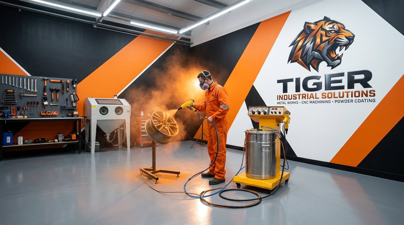 Technician powder coating a wheel rim at Tiger Industrial Solutions